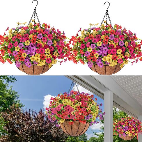 Orgrimmar 2 Pack Artificial Fall Mums Hanging Basket - UV Resistant Fake Hanging Plants with Realistic Silk Mums & Eucalyptus, Coconut Lining Baskets for Home Porch Balcony Patio Yard (Orange) in Kuwait