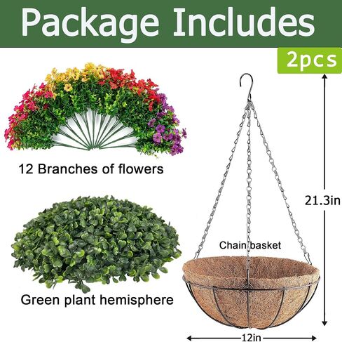 Orgrimmar 2 Pack Artificial Fall Mums Hanging Basket - UV Resistant Fake Hanging Plants with Realistic Silk Mums & Eucalyptus, Coconut Lining Baskets for Home Porch Balcony Patio Yard (Orange) in Kuwait