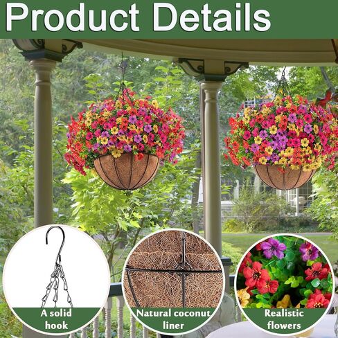 Orgrimmar 2 Pack Artificial Fall Mums Hanging Basket - UV Resistant Fake Hanging Plants with Realistic Silk Mums & Eucalyptus, Coconut Lining Baskets for Home Porch Balcony Patio Yard (Orange) in Kuwait