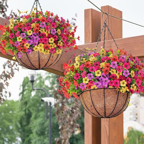 Orgrimmar 2 Pack Artificial Fall Mums Hanging Basket - UV Resistant Fake Hanging Plants with Realistic Silk Mums & Eucalyptus, Coconut Lining Baskets for Home Porch Balcony Patio Yard (Orange) in Kuwait