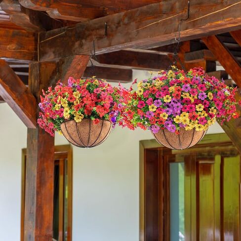 Orgrimmar 2 Pack Artificial Fall Mums Hanging Basket - UV Resistant Fake Hanging Plants with Realistic Silk Mums & Eucalyptus, Coconut Lining Baskets for Home Porch Balcony Patio Yard (Orange) in Kuwait