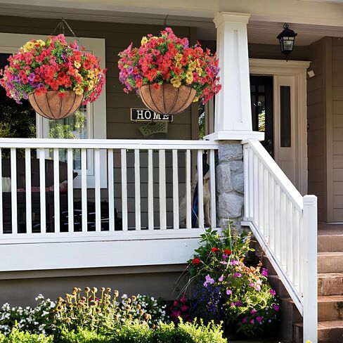 Orgrimmar 2 Pack Artificial Fall Mums Hanging Basket - UV Resistant Fake Hanging Plants with Realistic Silk Mums & Eucalyptus, Coconut Lining Baskets for Home Porch Balcony Patio Yard (Orange) in Kuwait