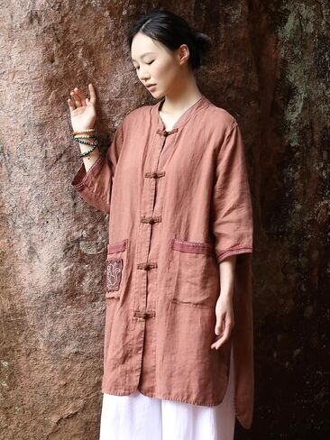 Women’s Long Vintage Linen Shirt Jacket 3/4 Sleeve Button Front Top with Embroidered Large Pockets Loose Fit in Saudi Arabia