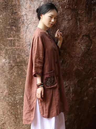 Women’s Long Vintage Linen Shirt Jacket 3/4 Sleeve Button Front Top with Embroidered Large Pockets Loose Fit in Saudi Arabia