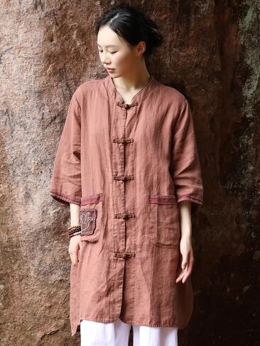 Women’s Long Vintage Linen Shirt Jacket 3/4 Sleeve Button Front Top with Embroidered Large Pockets Loose Fit in Saudi Arabia