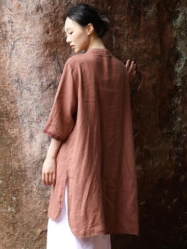Women’s Long Vintage Linen Shirt Jacket 3/4 Sleeve Button Front Top with Embroidered Large Pockets Loose Fit in Saudi Arabia