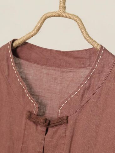 Women’s Long Vintage Linen Shirt Jacket 3/4 Sleeve Button Front Top with Embroidered Large Pockets Loose Fit in Saudi Arabia