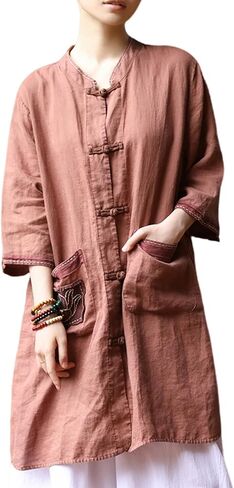 Women’s Long Vintage Linen Shirt Jacket 3/4 Sleeve Button Front Top with Embroidered Large Pockets Loose Fit in Saudi Arabia