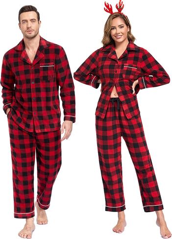 COLORFULLEAF Couples Matching Chritsmas Pajamas Sets Fleece Plaid Button Down Pjs Set Soft Warm Loungewear with Pockets in Saudi Arabia