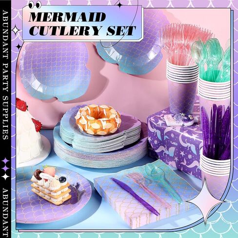 120 Pcs Mermaid Party Supplies Mermaids Themed Decorations Under the Sea Disposable Dinnerware Set Includes Plates Napkins Cups Fork for Birthday Party, Serves 24 Guests in Saudi Arabia