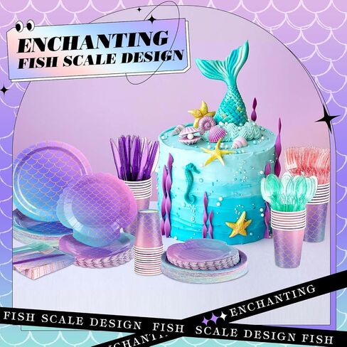 120 Pcs Mermaid Party Supplies Mermaids Themed Decorations Under the Sea Disposable Dinnerware Set Includes Plates Napkins Cups Fork for Birthday Party, Serves 24 Guests in Saudi Arabia