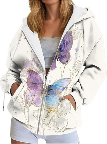 Womens Zip Up Hoodies Floral Long Sleeve Fall Oversized Sweatshirts Fleece Y2K Jacket 2025 Fashion Clothes With Pockets in Saudi Arabia