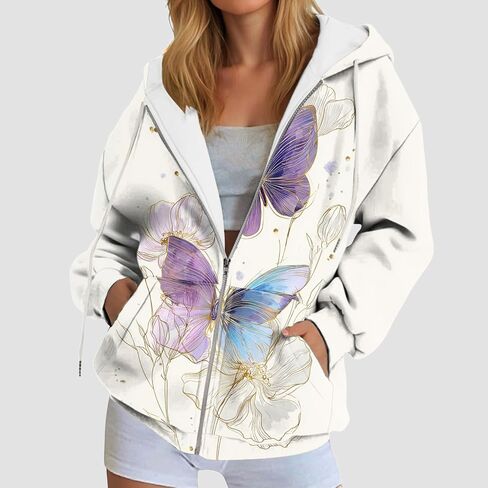 Womens Zip Up Hoodies Floral Long Sleeve Fall Oversized Sweatshirts Fleece Y2K Jacket 2025 Fashion Clothes With Pockets in Saudi Arabia