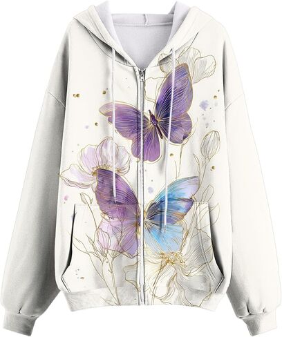 Womens Zip Up Hoodies Floral Long Sleeve Fall Oversized Sweatshirts Fleece Y2K Jacket 2025 Fashion Clothes With Pockets in Saudi Arabia
