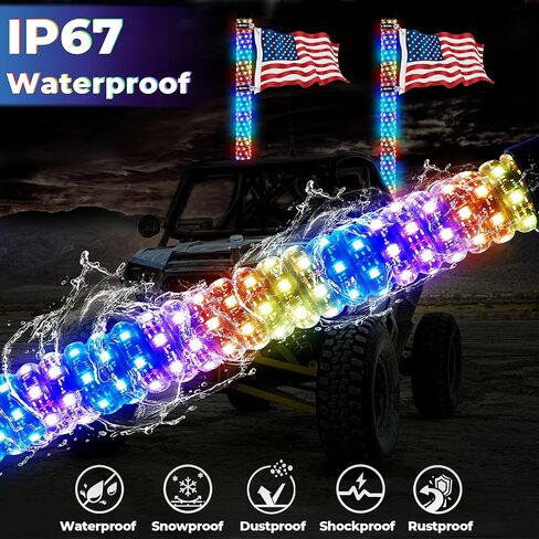 2 Pack 3FT Whip Lights with 4 Flags, Led Whip Light with App & Remote Control,Spiral Music RGB Chasing Lighted Whips,Side by Side Whip Lights for UTV ATV Polaris RZR Can-Am SXS Truck in Kuwait