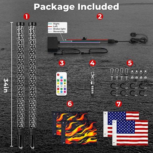 2 Pack 3FT Whip Lights with 4 Flags, Led Whip Light with App & Remote Control,Spiral Music RGB Chasing Lighted Whips,Side by Side Whip Lights for UTV ATV Polaris RZR Can-Am SXS Truck in Kuwait