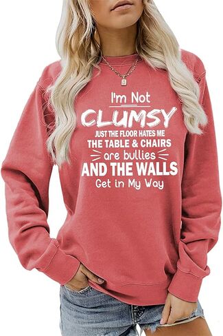 سويت شيرت نسائي مطبوع عليه حروف I'm Not Clumsy بأكمام طويلة ورقبة دائرية خفيفة الوزن بلوفر علوي برسومات in Saudi Arabia
