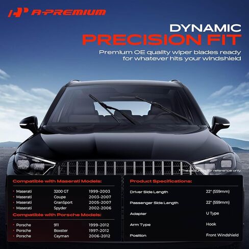 A-Premium Pack of 2 Windshield Wiper Blades with Wear Indicator & Towel - Compatible with Porsche 911, Cayman, Boxster & Maserati Coupe, Spyder - 22" and 22", Hook Connector, Left and Right in Saudi Arabia