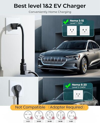 Level 1 EV Charger, 2025 Upgraded 16A Electric Car Mobile Charger | Adjustable Current | 110V-240V | NEMA 5-15 & NEMA 6-20 Plug | 21ft Cable | Home Portable Charger for All SAE J1772 in Saudi Arabia