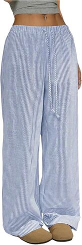 بنطلون نسائي من GORGLITTER من الكتان المخطط بأرجل واسعة ورباط كاجوال، ملابس الشارع in Kuwait