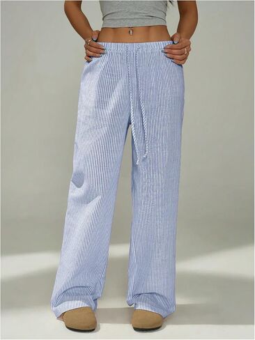 بنطلون نسائي من GORGLITTER من الكتان المخطط بأرجل واسعة ورباط كاجوال، ملابس الشارع in Kuwait