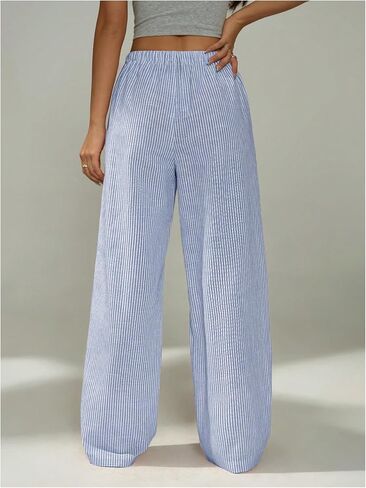 بنطلون نسائي من GORGLITTER من الكتان المخطط بأرجل واسعة ورباط كاجوال، ملابس الشارع in Kuwait