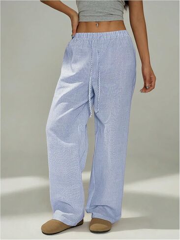 بنطلون نسائي من GORGLITTER من الكتان المخطط بأرجل واسعة ورباط كاجوال، ملابس الشارع in Kuwait