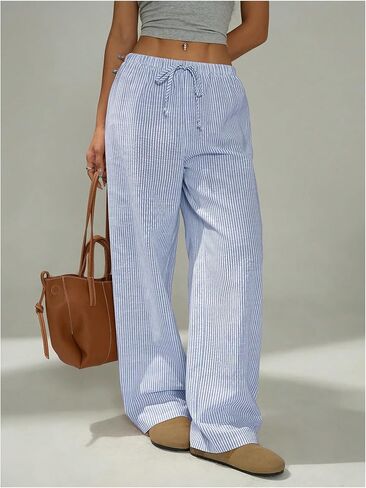 بنطلون نسائي من GORGLITTER من الكتان المخطط بأرجل واسعة ورباط كاجوال، ملابس الشارع in Kuwait