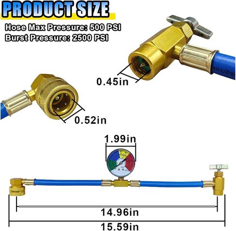 R134A CAR AC CAR AC STIRGERANTH CHOT ، خرطوم إعادة شحن الهواء ، مع مقياس لقياس الضغط المنخفض ، 1/2 بوصة يمكن النقر فوق و R134A مقرن سريع للسيارة/المبرد AC ، 100PSI in Saudi Arabia