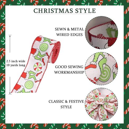 Christmas Ribbon for Tree, Red Green Funny Xmas Cartoon Character Ribbon Wired Peppermint Fabric Ribbon Gift Wrapping DIY Craft Wreath Bows Making Xmas Tree Decor Party Decoration, 10 Yards x 2.5inch in Kuwait