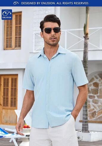 Enlision Mens Casual Shirts Short Sleeve Button Down Shirt Fashion Textured Lightweight Summer Beach Shirt for Men in Kuwait