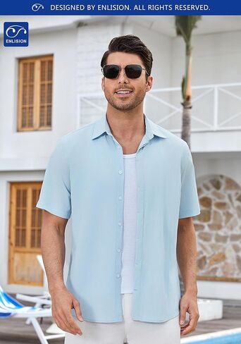 Enlision Mens Casual Shirts Short Sleeve Button Down Shirt Fashion Textured Lightweight Summer Beach Shirt for Men in Kuwait