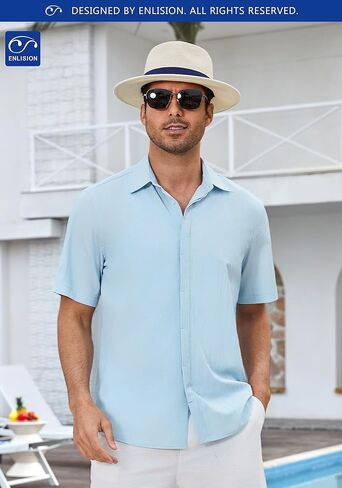 Enlision Mens Casual Shirts Short Sleeve Button Down Shirt Fashion Textured Lightweight Summer Beach Shirt for Men in Kuwait