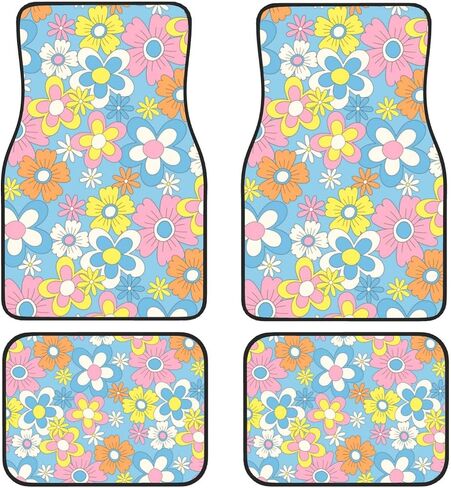 Vintage Groovy Flowers Car Floor Mats Set of 4 Universal Fit for Suvs Sedans Trucks Cars Set of 4 Auto Floor Carpets Rugs Non Slip in Saudi Arabia