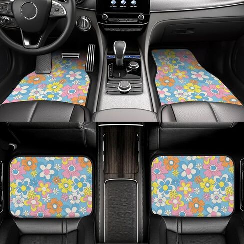 Vintage Groovy Flowers Car Floor Mats Set of 4 Universal Fit for Suvs Sedans Trucks Cars Set of 4 Auto Floor Carpets Rugs Non Slip in Saudi Arabia