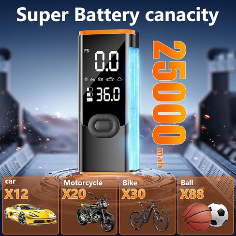 Tire Inflator Portable Air Compressor, 180PSI Air Pump for Car Tires with 25000mAh Battery, One Click Smart Air Pump Tire Inflator for Car, Motorcycle, Bicycle and More with Tire Pressure Gauge in Saudi Arabia