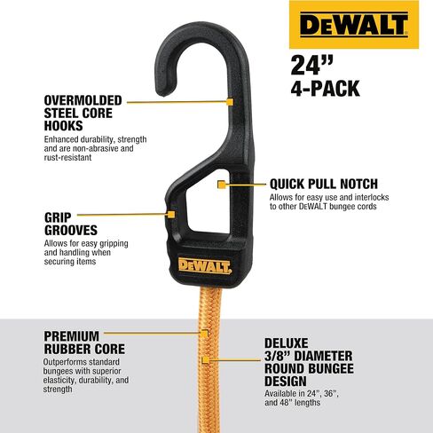 DEWALT DXBC300244 Black/Yellow 24" Premium Heavy-Duty Bungee Cords, 4 Pack in Saudi Arabia
