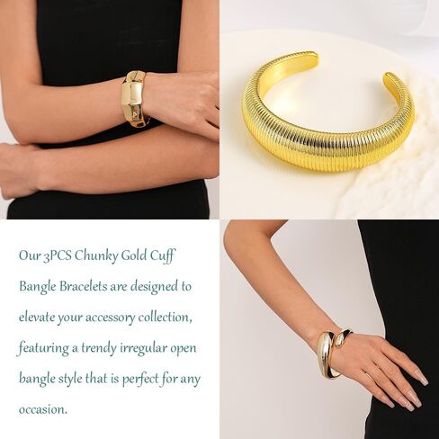 3PCS Chunky Gold Cuff Bangle Bracelets For Women Trendy Irregula Open Bangle Bracelets Set Gold Statement Minimalist Jewelry for Women in Kuwait