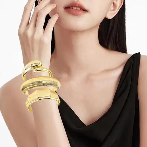 3PCS Chunky Gold Cuff Bangle Bracelets For Women Trendy Irregula Open Bangle Bracelets Set Gold Statement Minimalist Jewelry for Women in Kuwait