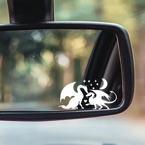 Couple Dragon Car Mirror Sticker Set – 3 Pieces 3x1.6 Inch Vinyl Decals with Flying Dragons in Moonlight – Romantic Fantasy Design for Couples, Vehicles, Laptop, Gift for Her/Him (WLL052-WHITE) in Saudi Arabia