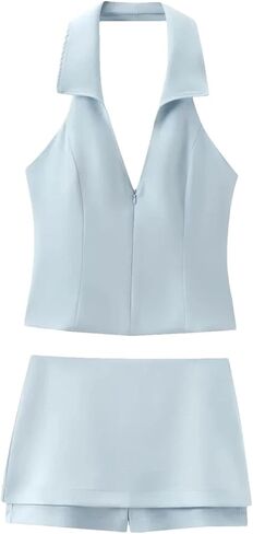Women Open Back Fitted Halter Top and Low-Rise Side Zip Two Pieces Sets in Saudi Arabia