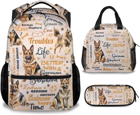 Mercuryelf Kids Bookbag with Lunch Bag and Pencil - 3 in 1 German Shepherd Backpack Set for Boys Girls - 17 Inch Dog School Backpack with Lunch Box for Primary Middle in Kuwait