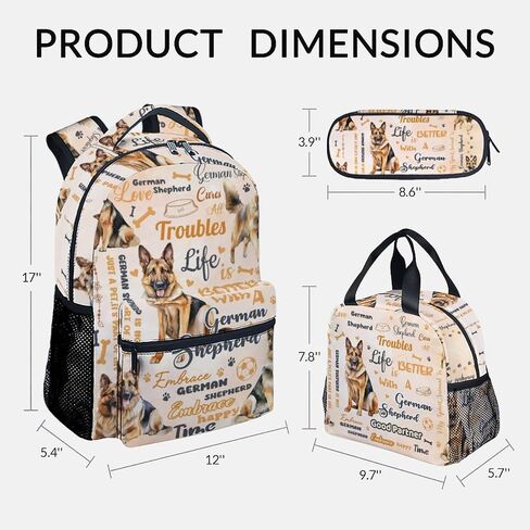 Mercuryelf Kids Bookbag with Lunch Bag and Pencil - 3 in 1 German Shepherd Backpack Set for Boys Girls - 17 Inch Dog School Backpack with Lunch Box for Primary Middle in Kuwait