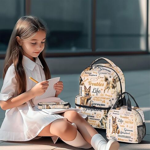 Mercuryelf Kids Bookbag with Lunch Bag and Pencil - 3 in 1 German Shepherd Backpack Set for Boys Girls - 17 Inch Dog School Backpack with Lunch Box for Primary Middle in Kuwait
