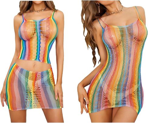 إمرأة مثير شبكة ارتداءها الجوف خارج شبكة صيد السمك BabyDoll قوس قزح مجموعة الملابس الداخلية قطعة واحدة ملابس نوم كلوبوير in Kuwait