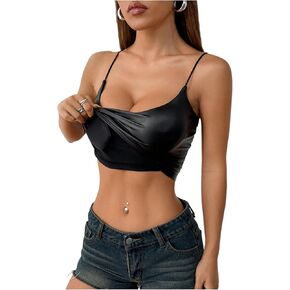 OYOANGLE Women's PU Leather Cami Crop Top Spaghetti Strap Padding Fitted Y2K Camisoles in Kuwait