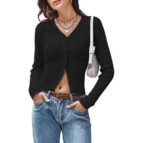 Women V Neck Cardigan Sweaters Slim Fitted Cropped Cardigans Trendy Ribbed Knit Crop Tops y2k Button Down Shirts in Kuwait