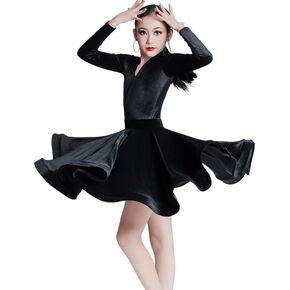 Girls Latin Dress Dance Long Sleeve Velvet Show Dance Costume Ballroom Party Competition Dancewear in Saudi Arabia