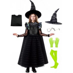 Halloween Girls Witch Black Ruffled Lace Dress Tiered Tulle Skirt with Cape Pointed Hat Glasses Gloves Socks in Kuwait