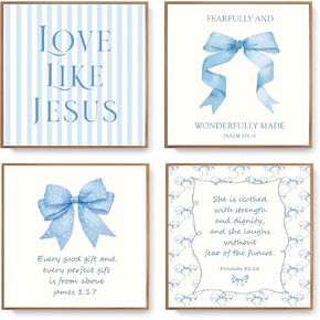 LARTSFRO Coquette Blue Bow Jesus Wall Art Decor Posters, Light Blue Bow Room Bedroom Bathroom Wall Art Decor Aesthetic for Teen Girls Gifts, Inspirational Bible Verses Bow Wall Decor, 10x8 Inch Set of 4 Unframed Bow Pictures in Kuwait